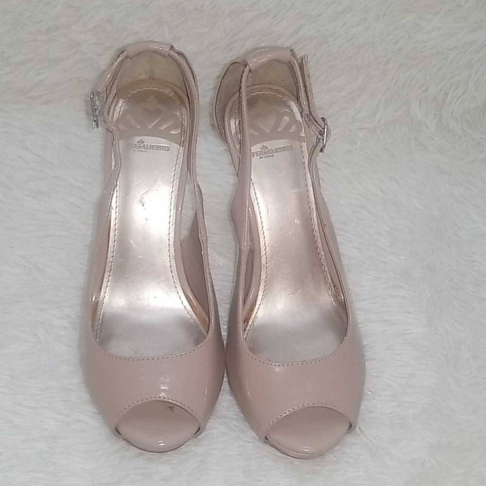 (2/$15) Fergalicious Nude Open Toe Heels Size 6